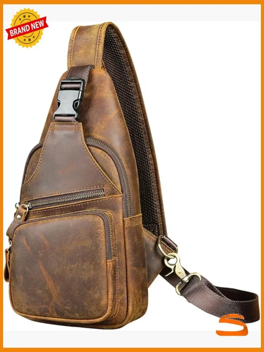 Vintage Genuine Leather Crossbody Sling Bag with Adjustable Strap